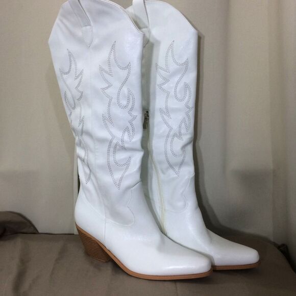 White Faux Leather Cowboy Boots Womens Size 10 Western Tall Zip Up Minimal Wear - Picture 1 of 7